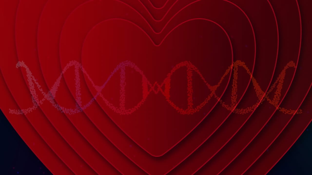 Showing layered red heart shapes pulsing under dotted wave helix over dark gradient in flat design