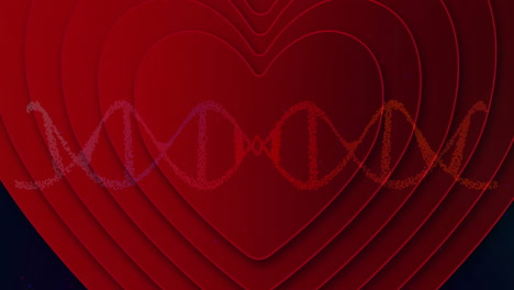 showing layered red heart shapes pulsing under dotted wave helix over dark gradient in flat design