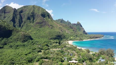 Wide-rising-aerial-shot-of-beautiful-Haena-Beach-on-the-Hawaiian-island-of-Kaua'i