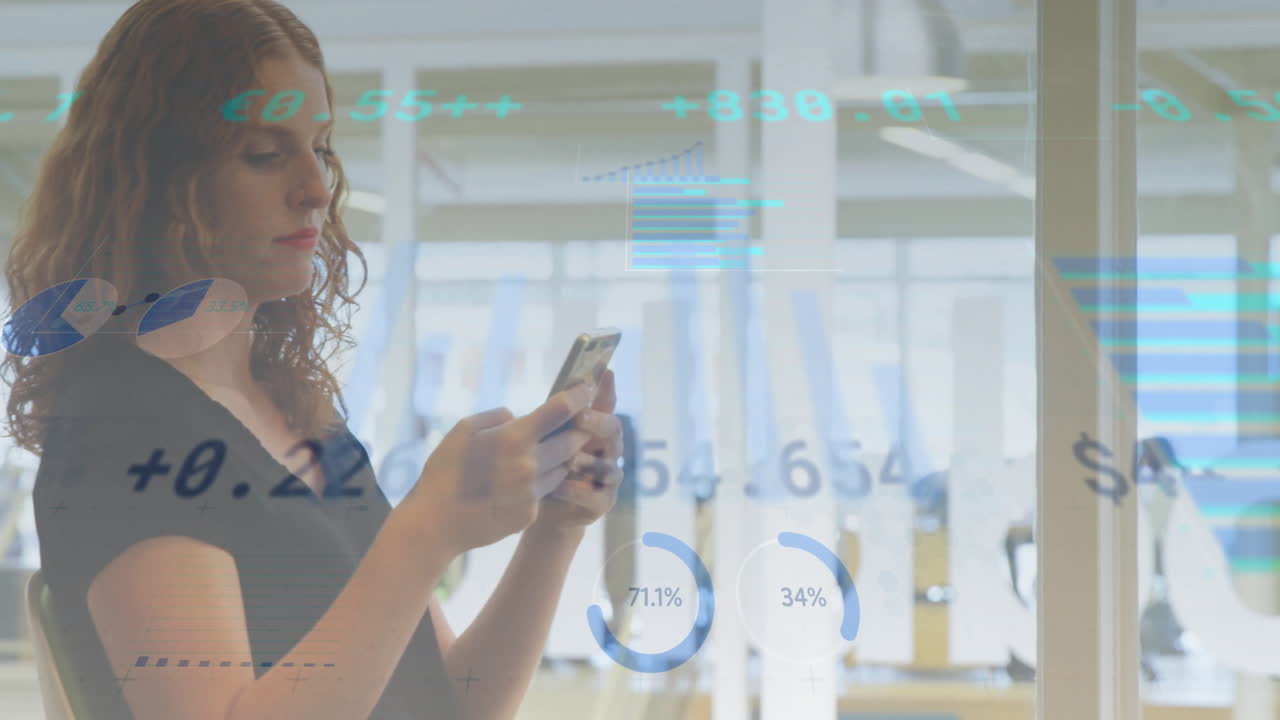 In office, woman using smartphone with animation of financial data and graphs