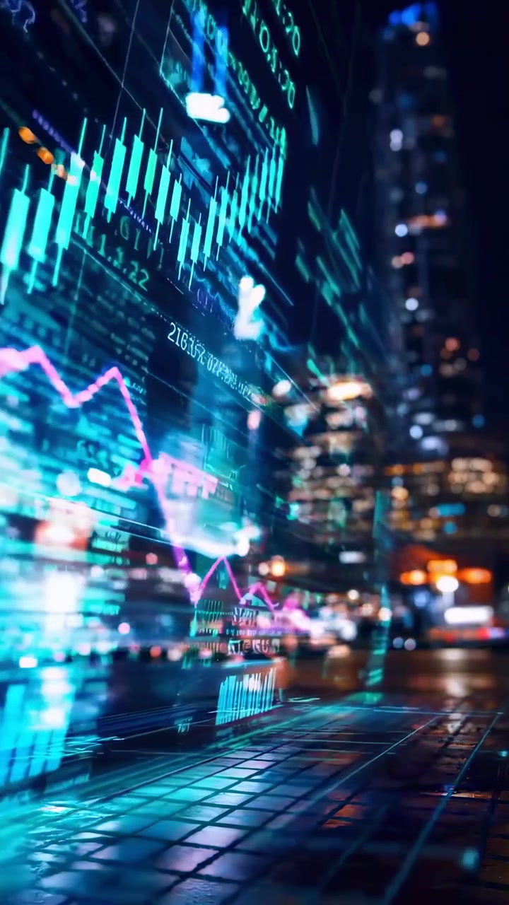 Grafici di Dati Finanziari Digitali Sovrapposti a una Strada Cittadina Notturna