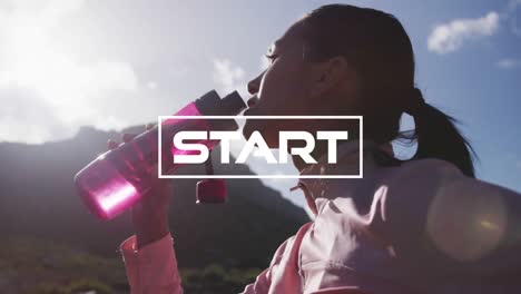 animation of the word start in white over woman exercising in countryside drinking water