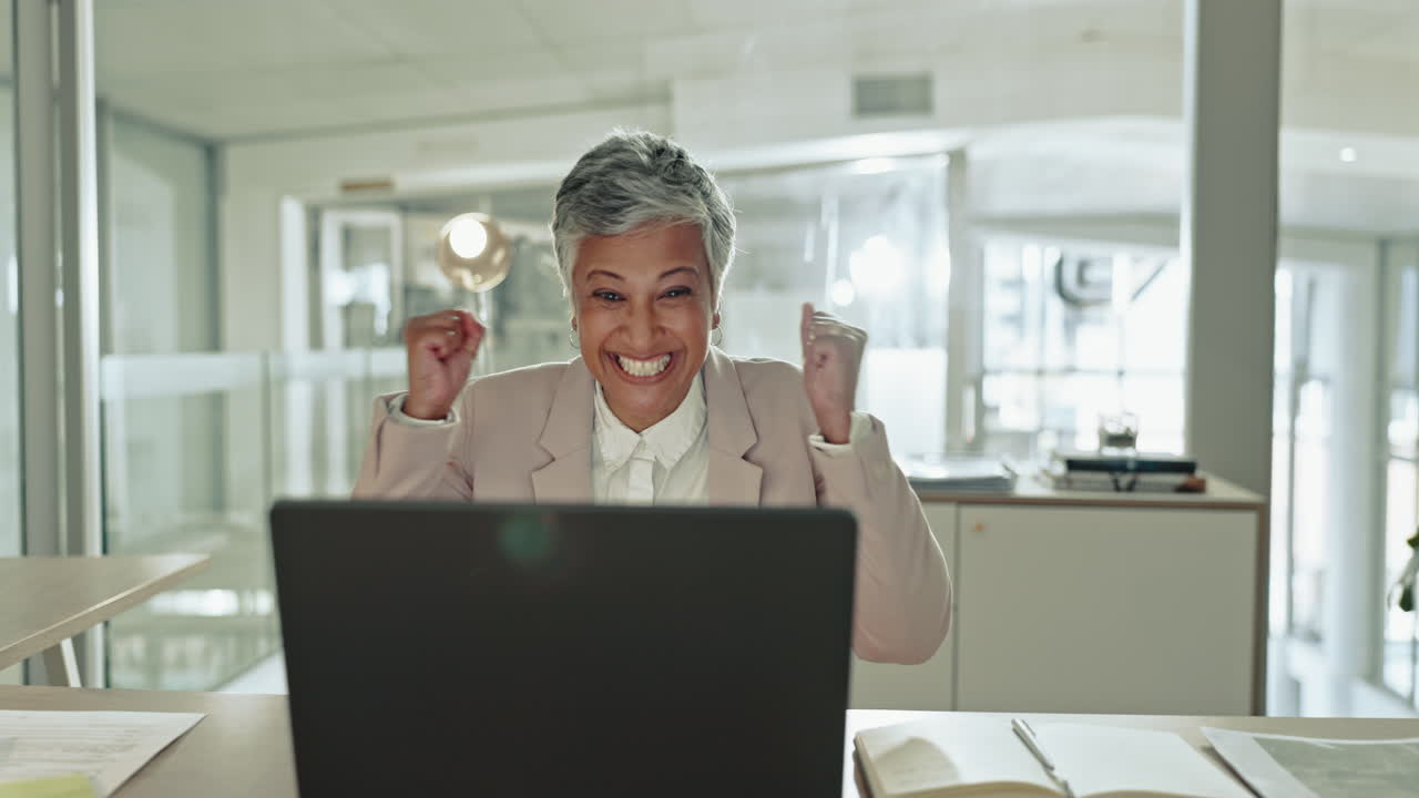 Excited business woman, laptop