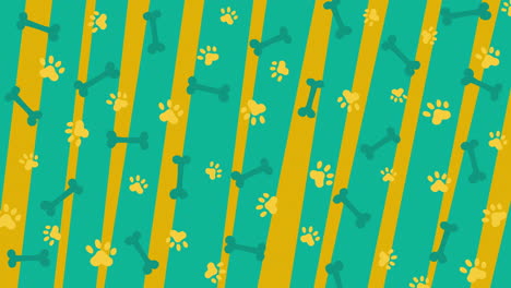 seamless looped pattern of dog paw prints and bone. animal hand drawn cartoon animation in yellow and green colors.