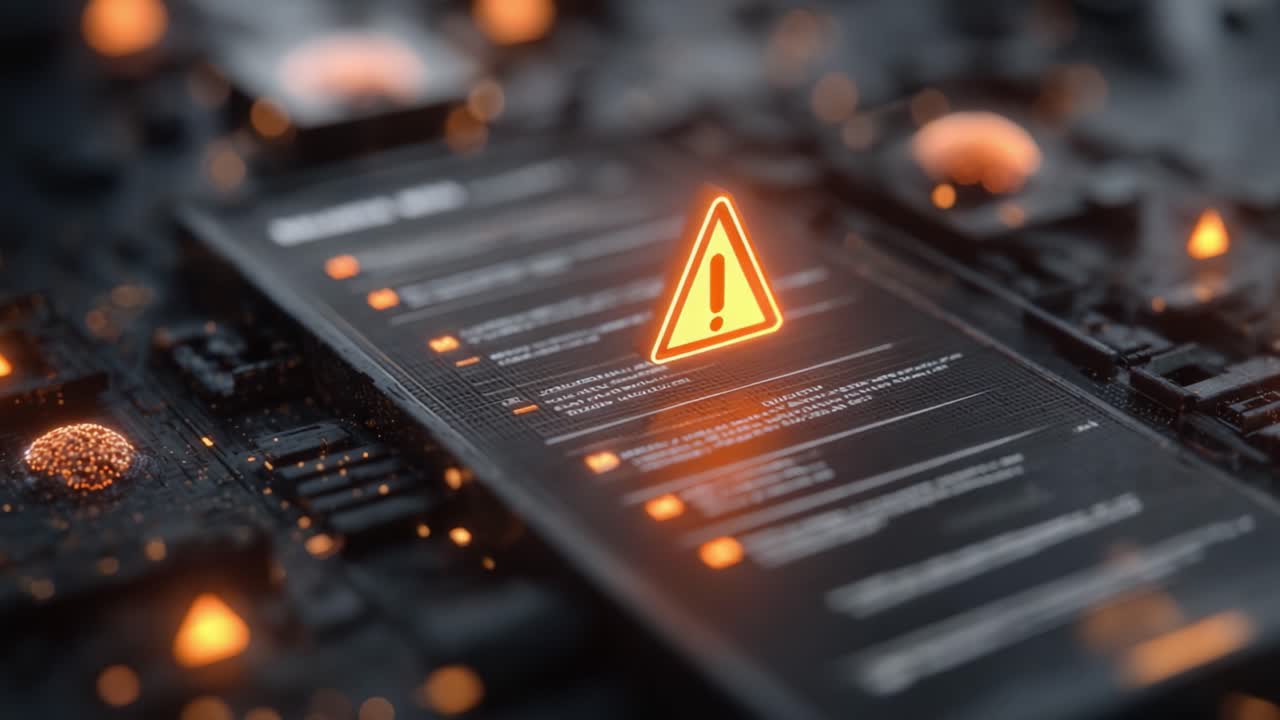 A High-Tech Alert Screen Displaying Critical Warnings and Notifications Against a Futuristic Circuit Board Background, Evoking a Sense of Urgency and Caution in Digital Environment