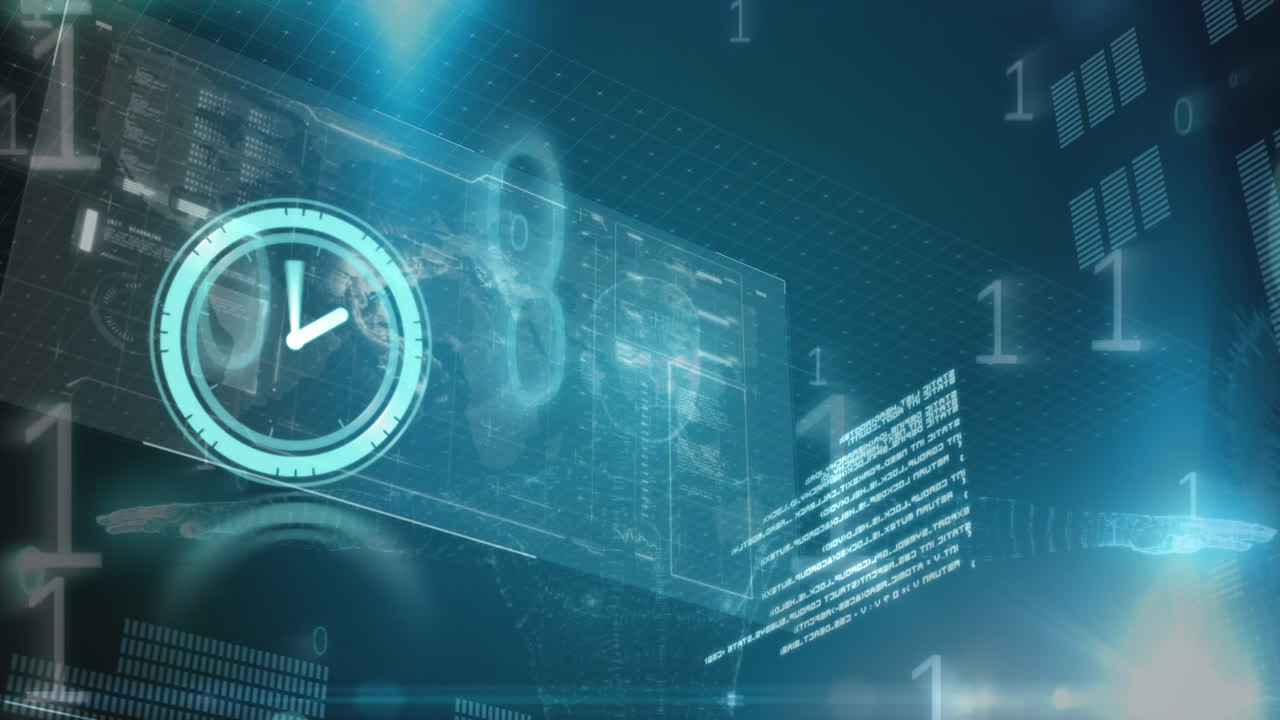 Animation of digital interface with clock over dark background