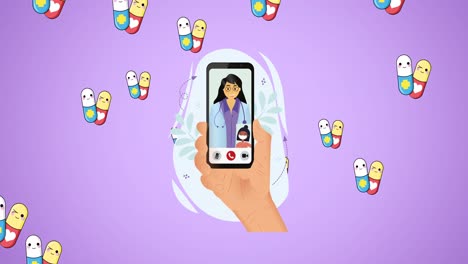 Animation-of-female-doctor-and-pills-icons-on-purple-background