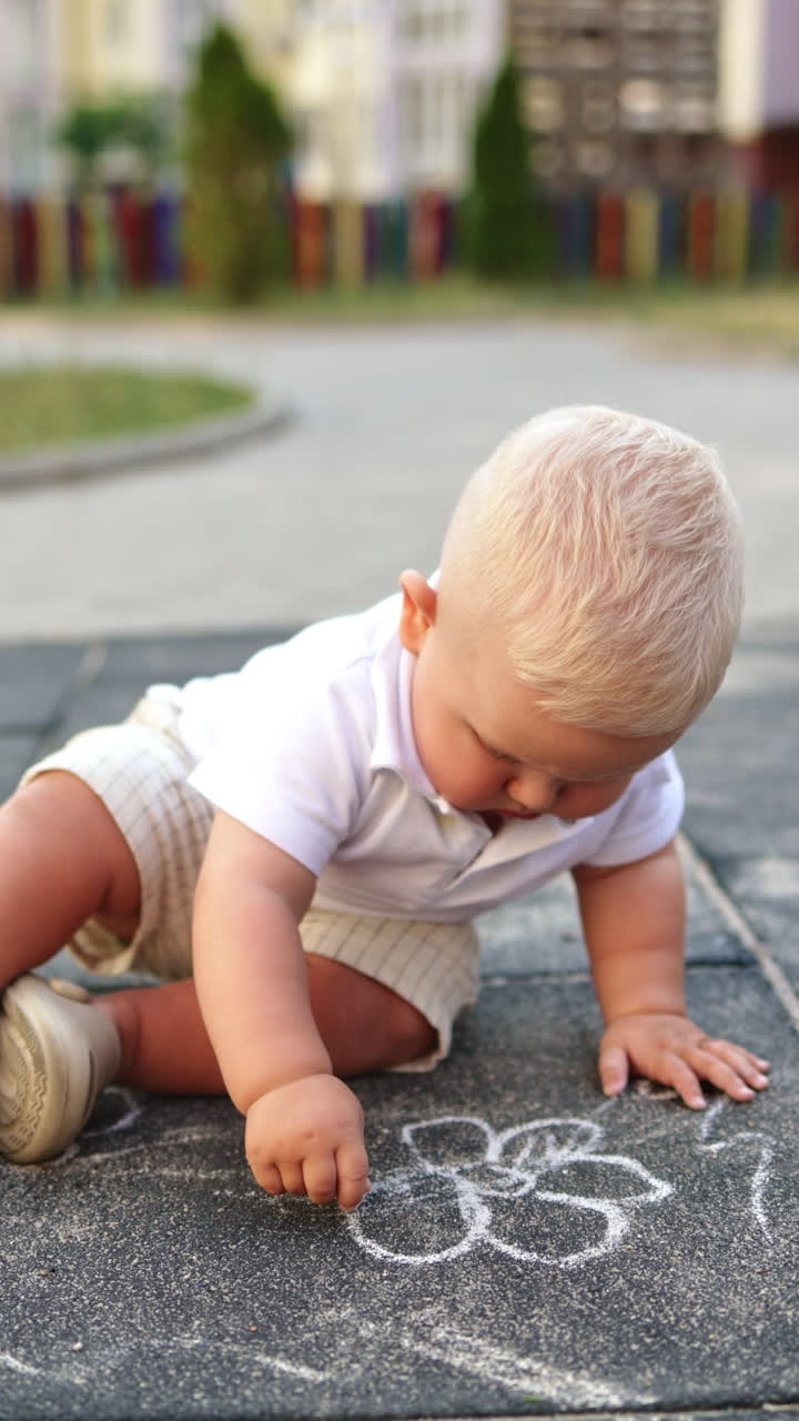 Un bambino disegna con il gesso sull'asfalto durante una passeggiata. Un bambino disegna con il gesso. Abbigliamento estivo per bambini.