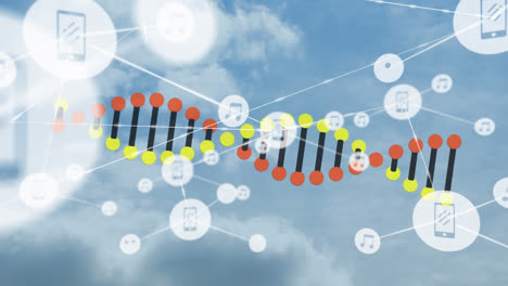 animación de la red de conexiones con íconos sobre el giro de la cadena de adn