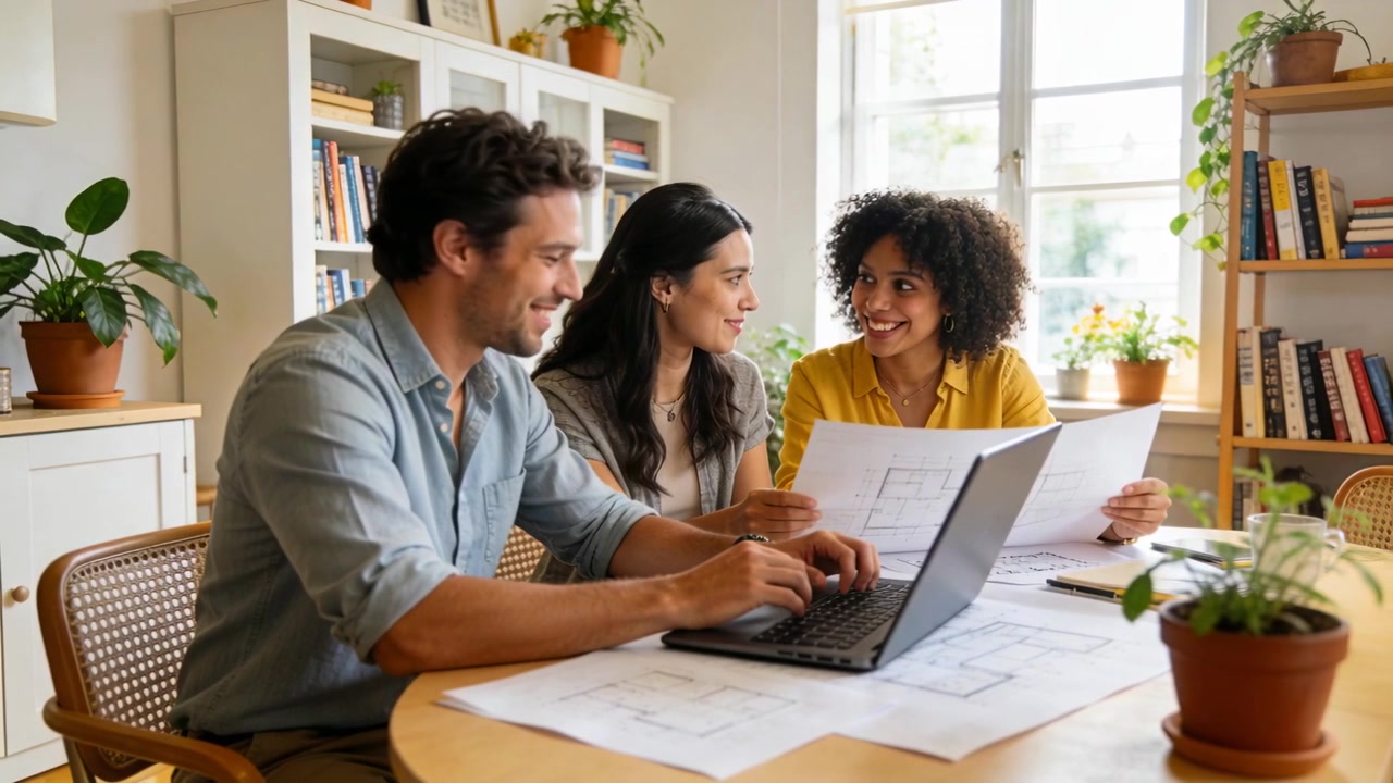 Pointing center woman starting discussion, man typing on laptop at home round table to review plans