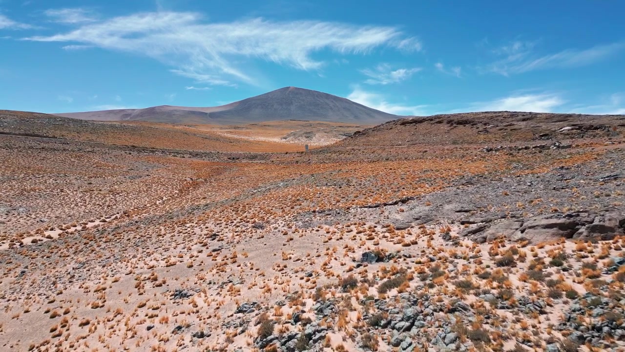 Volo in avanti su terreno desertico roccioso andino con arbusti dorati sparsi e una pista sterrata che conduce verso un ampio cono vulcanico sotto un cielo azzurro vivido. Atacama, Cile.