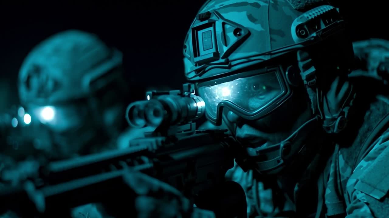 Forze speciali conducono operazioni notturne con equipaggiamento avanzato sul campo
