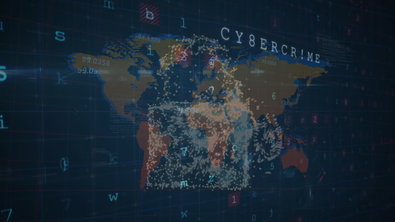 Animation of cyber security concept icons and data processing against world map on blue background