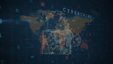 animación de iconos de conceptos de seguridad cibernética y procesamiento de datos contra el mapa del mundo en fondo azul