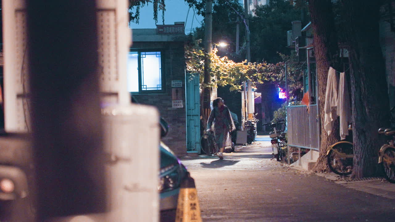 골목길 저녁 불빛, 보행자들이 다가온다. 보도 위로 따뜻하게 빛나는 줄 조명, 자연스러운 현지인들이 지나간다. 필름 그레인 질감, 따뜻한 네온과 가로등의 대비, 향수를 불러일으키는 도시 분위기.