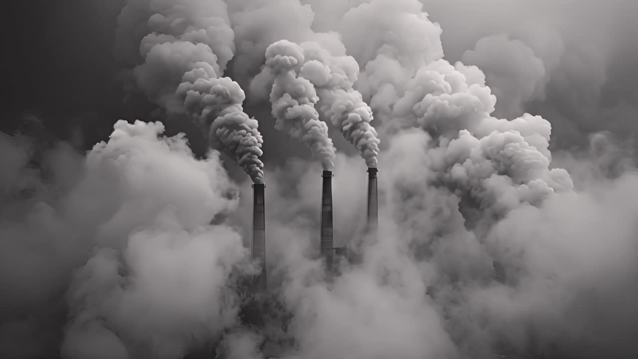 Industrial Smokestacks Emitting Heavy Smoke, Black and White
