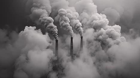 industrial smokestacks emitting heavy smoke, black and white