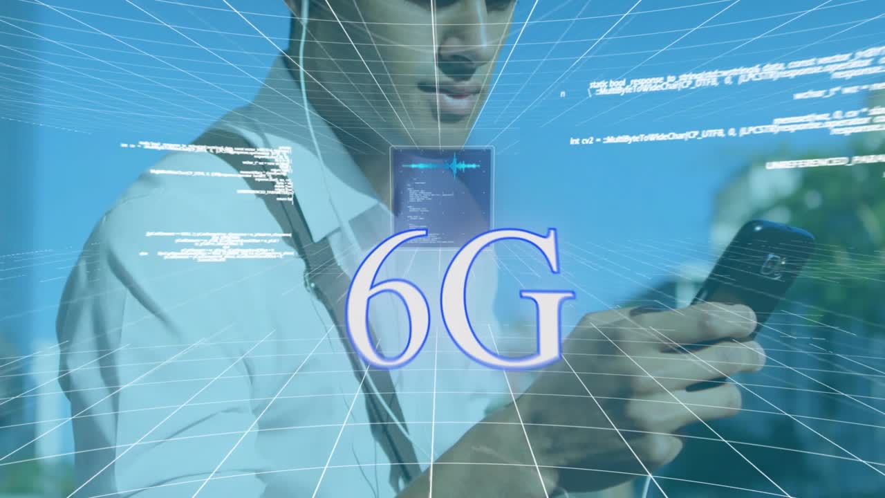 Animation of 6g text, data processing over caucasian businessman using smartphone