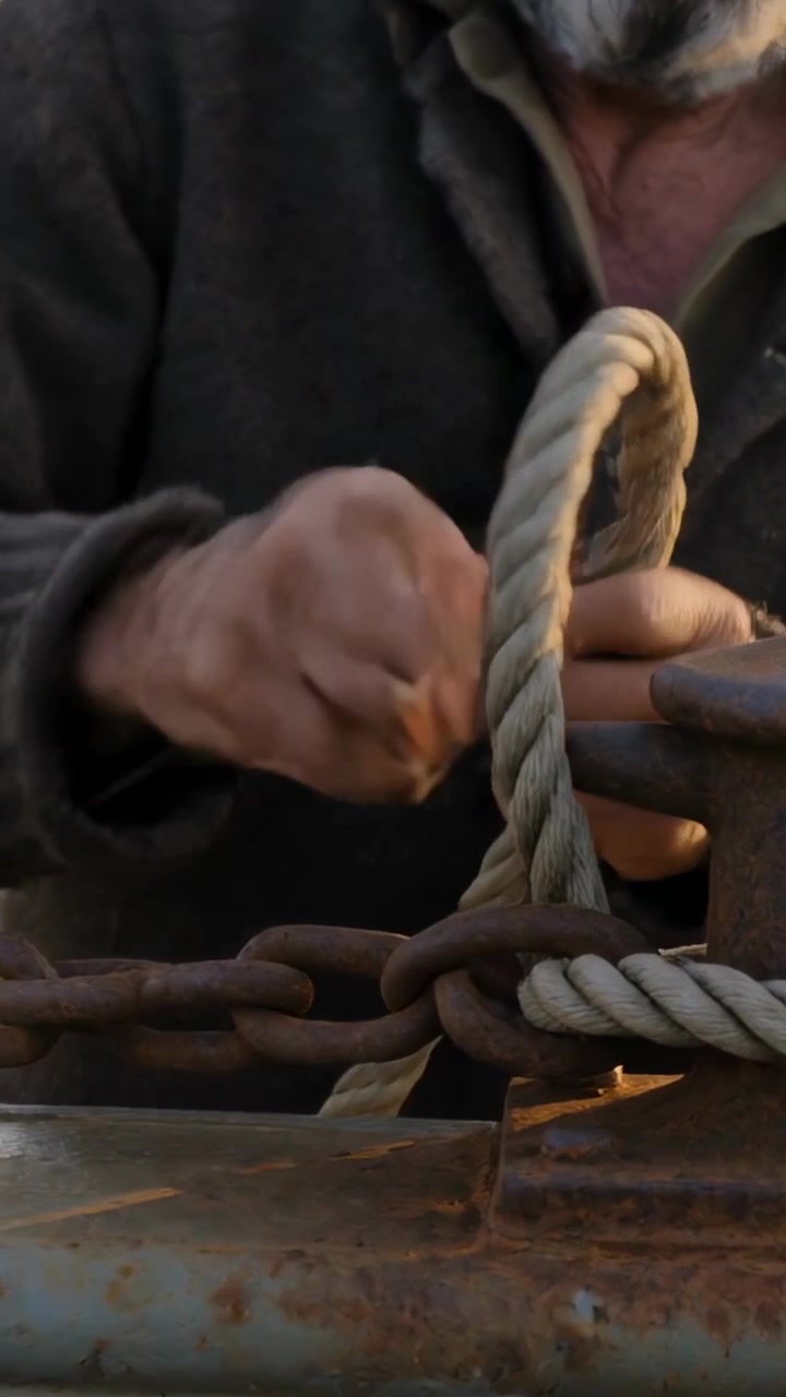 Video verticale: Anziano che lega una corda attorno a una bitta sul ponte per ormeggiare l'imbarcazione, indossando un berretto di lana e un cappotto.