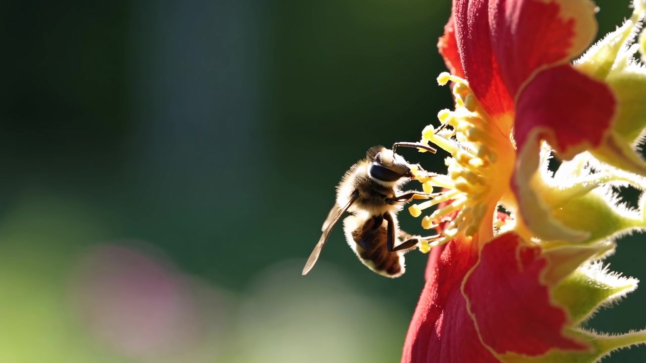 Honingbij bestuift een levendige rode bloem in zonlicht