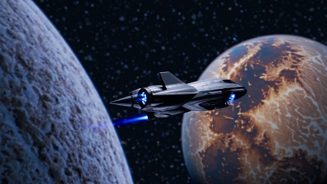 Un'astronave futuristica scivola vicino a un pianeta, ripresa da un'angolazione bassa, evocando un videogioco di fantascienza.