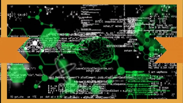 Animation of chemical formulas, brain and data processing in yellow frame on black background