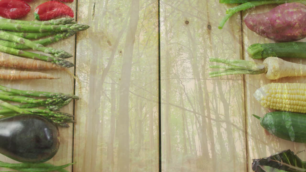 Fresh vegetables arranged on wooden surface with forest animation overlay