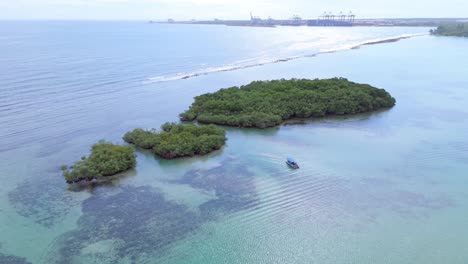 pequeña isla tropical de manglares, paseo en barco en el agua turquesa del océano, órbita aérea