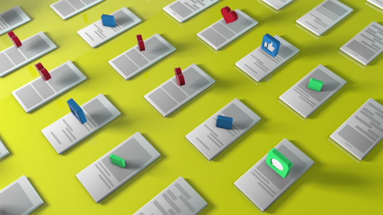 representación en 3d del fondo con los símbolos como, pulgar hacia arriba, mensaje recibido, correo electrónico recibido a través de teléfonos móviles. el concepto de una red social. animación cíclica. colores amarillos