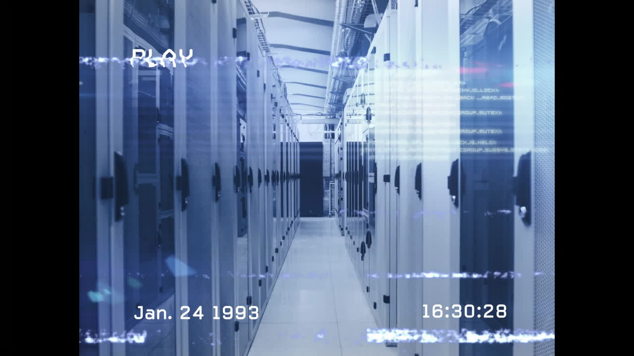 Digital overlay showing date and time in data center corridor