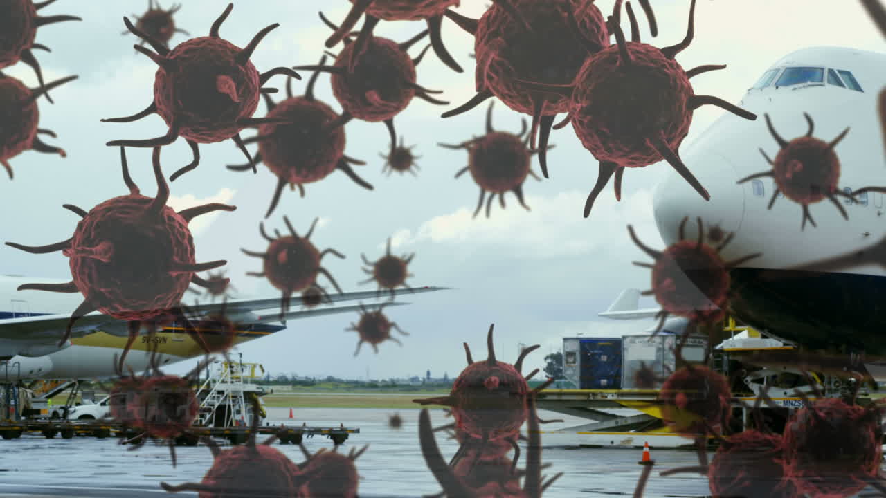 승객 제트기에 퍼지는 거대 코로나바이러스 코로나19 세포의 애니메이션
