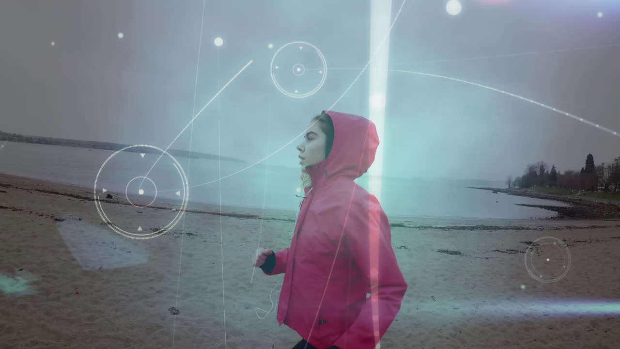 animación de la red de conexiones y procesamiento de datos sobre la mujer corriendo