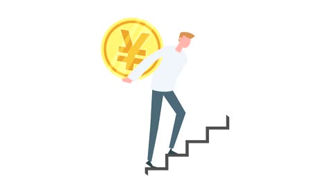 flat cartoon colorful man character animation. male walk up on the ladder with japanese yen coin on his back situation