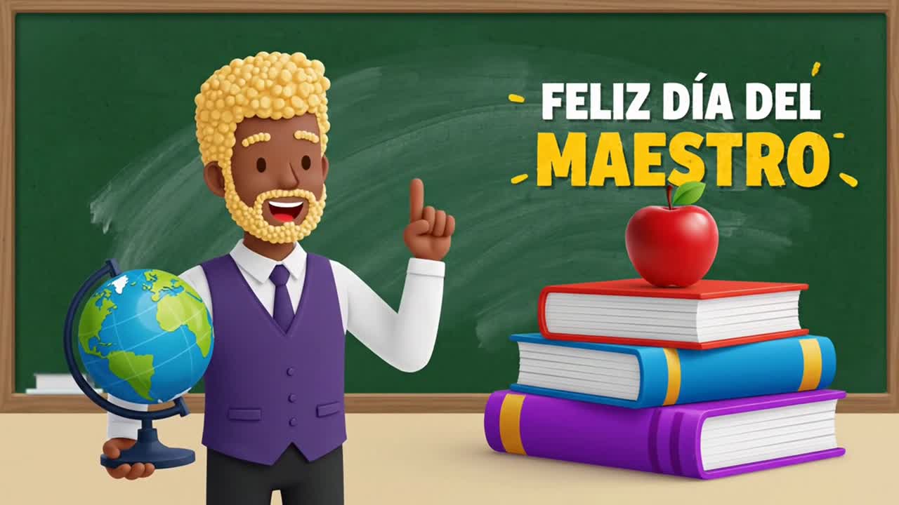 Personagem de professor celebrando feliz dia do professor com globo e livros