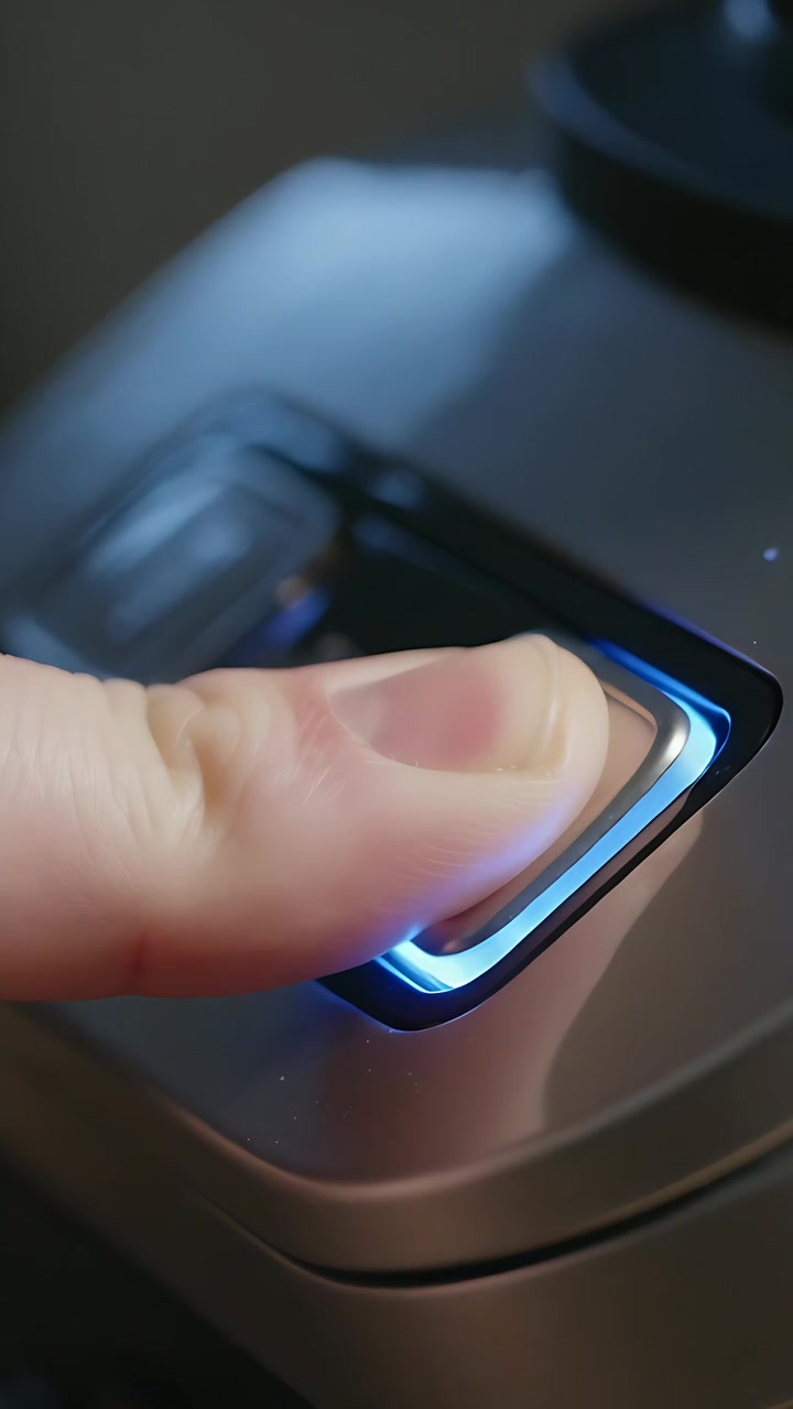 Video verticale: Dito indice destro che si avvicina e preme un pulsante argentato su un elettrodomestico da cucina, avviandolo.