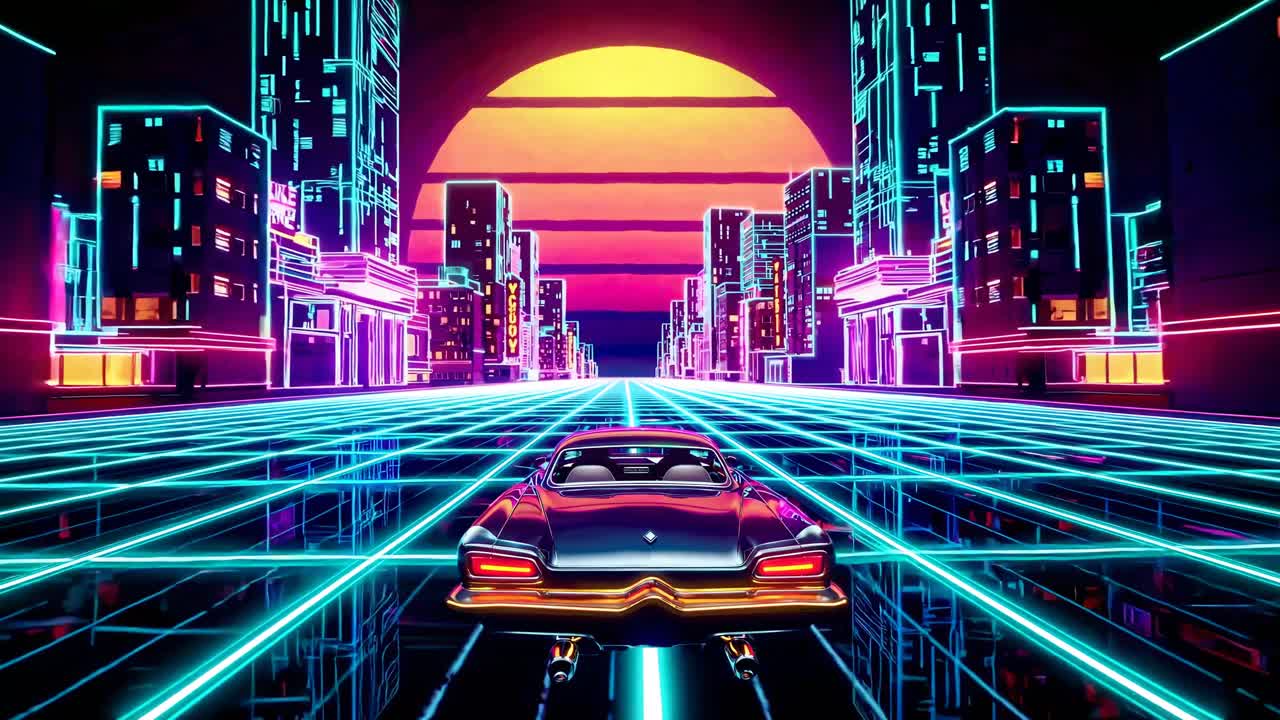Coche retro conduciendo por una ciudad ciberpunk de neón al atardecer