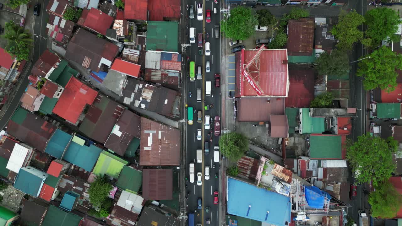 Top View Of Road With Traffic Jam During Rush Hour In Marikina City, Metro Manila, Philippines. Aerial Drone Shot