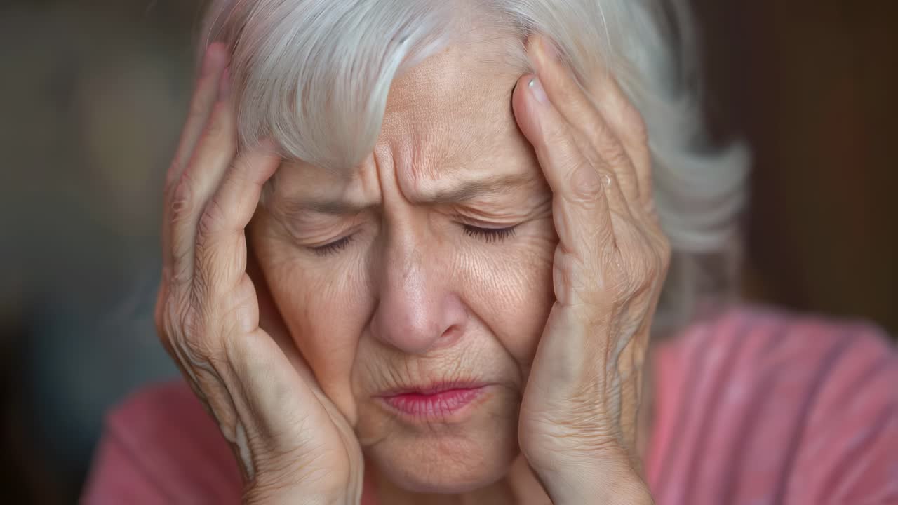 두통을 겪는 노인 여성