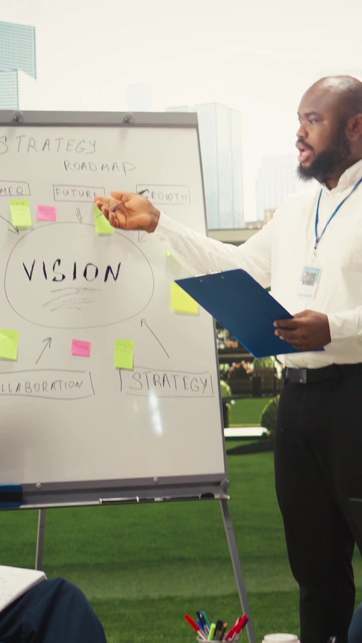 Video verticale: Team aziendale che indica idee su un grafico su una lavagna durante una presentazione informale