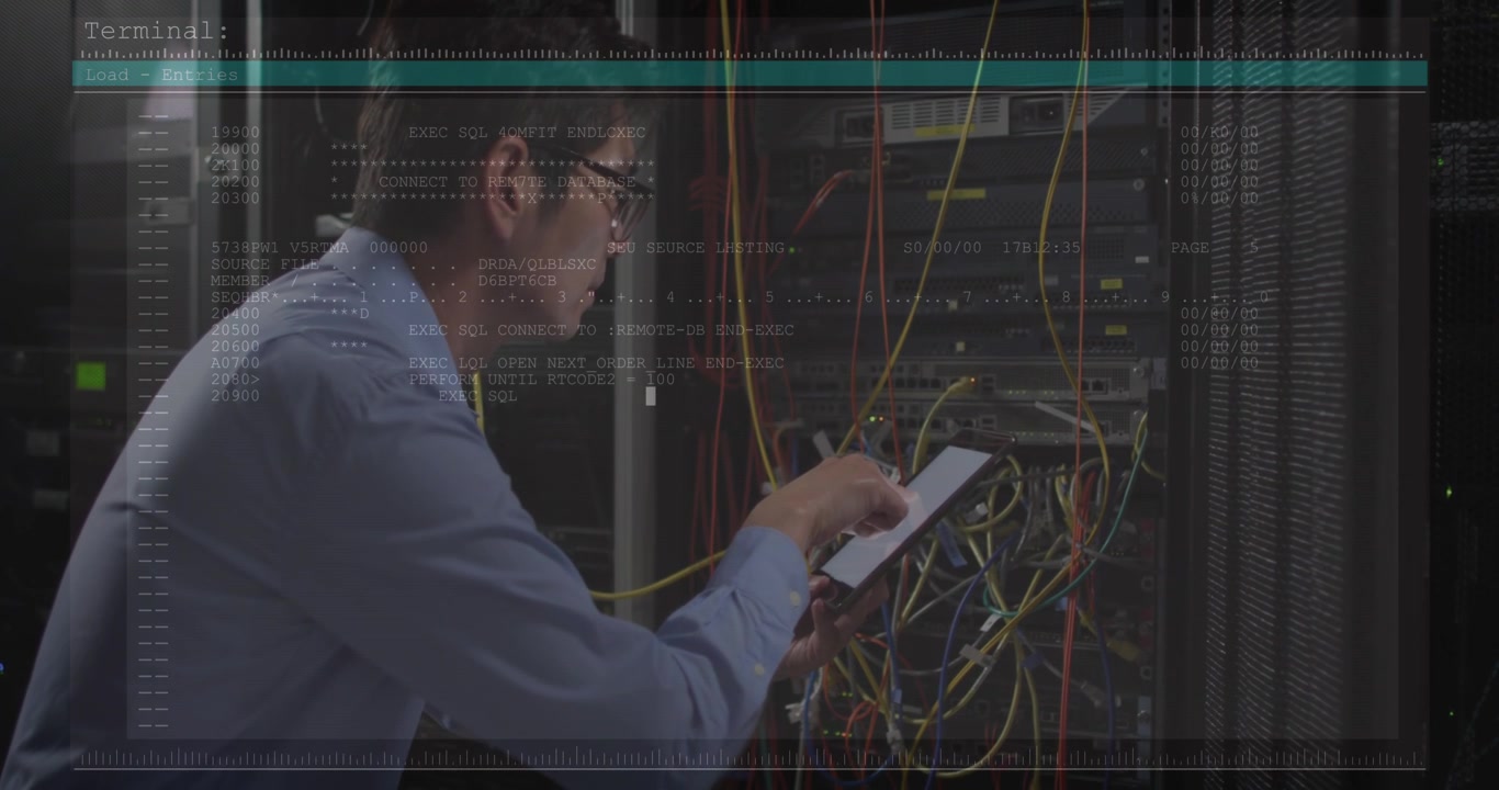 Animation of data processing over asian male worker in server room