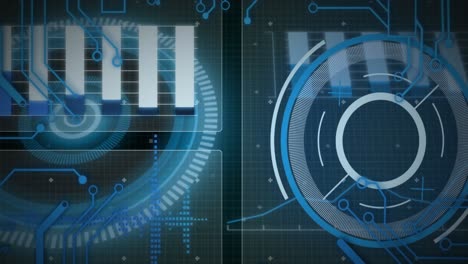 Animation-Von-HUD-Bildschirmen-Mit-Scannenden-Kreisen,-Diagrammen-über-Elektronischen-Leiterplattenmustern