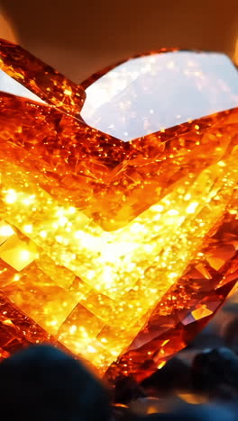 a heart made of glass is lit up with a warm orange glow. the heart is surrounded by a rocky, dark background. concept of warmth and love, as the heart is lit up and glowing