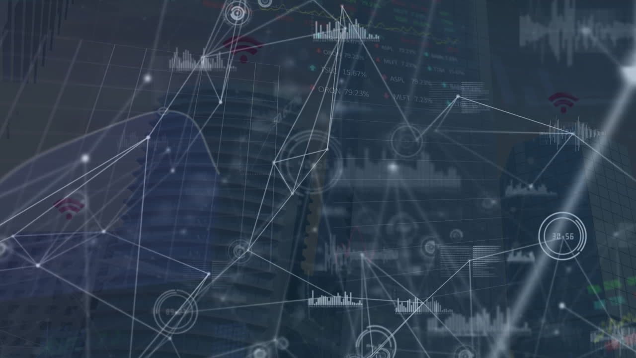Animation of data processing over cityscape