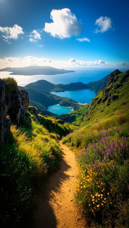 scenic mountain path overlooking blue lakes and ocean