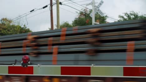 Train-running-on-level-crossing-with-low-barriers-and-red-lights-in-Fort-Worth-Texas,-USA