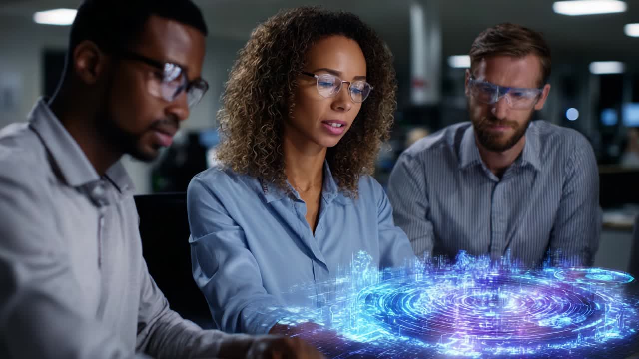 A Diverse Group of Professionals Collaborating on Advanced Technology in a Modern Office Environment, Analyzing Innovative Concepts Through Interactive Holographic Displays as They Discuss Ideas
