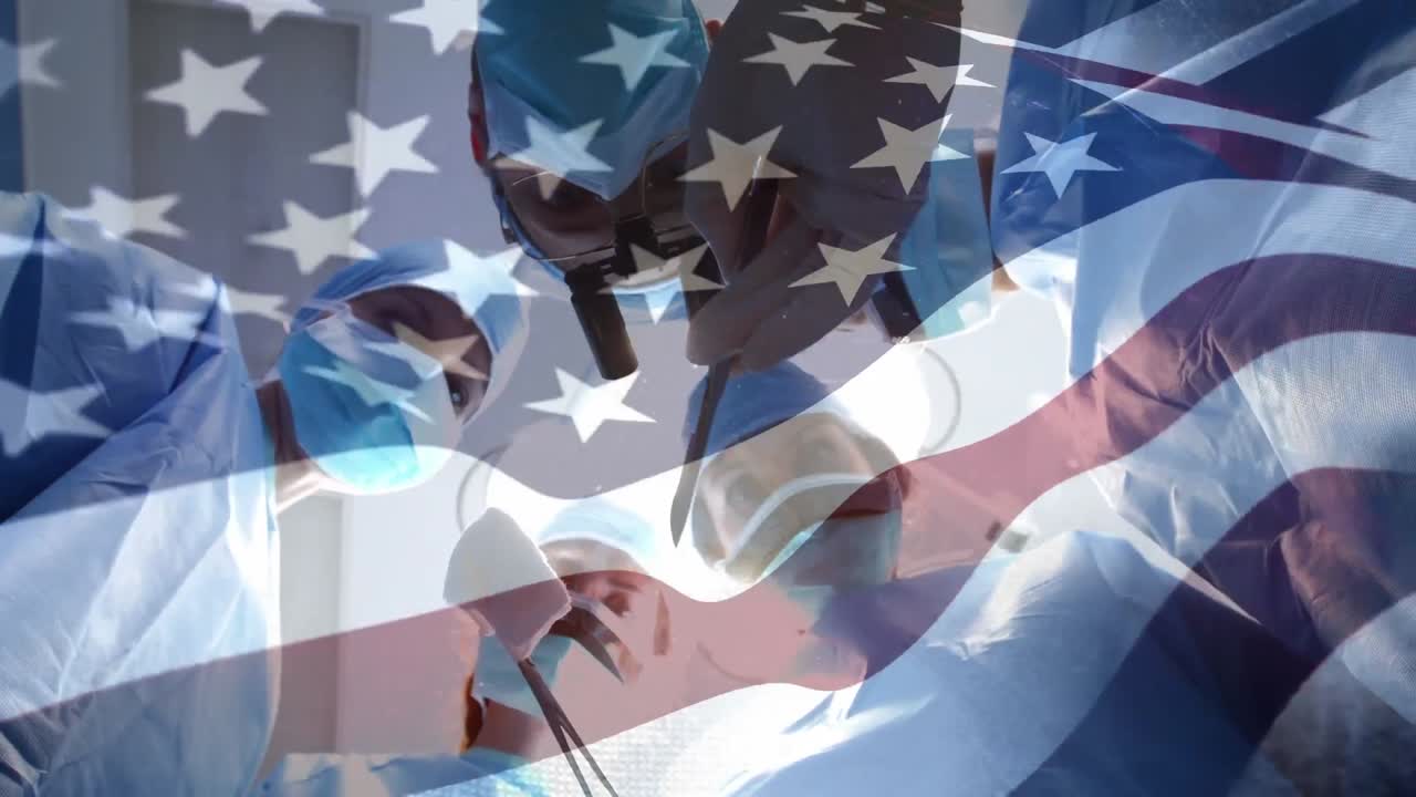 animación de la bandera de los estados unidos ondeando sobre los cirujanos en el quirófano