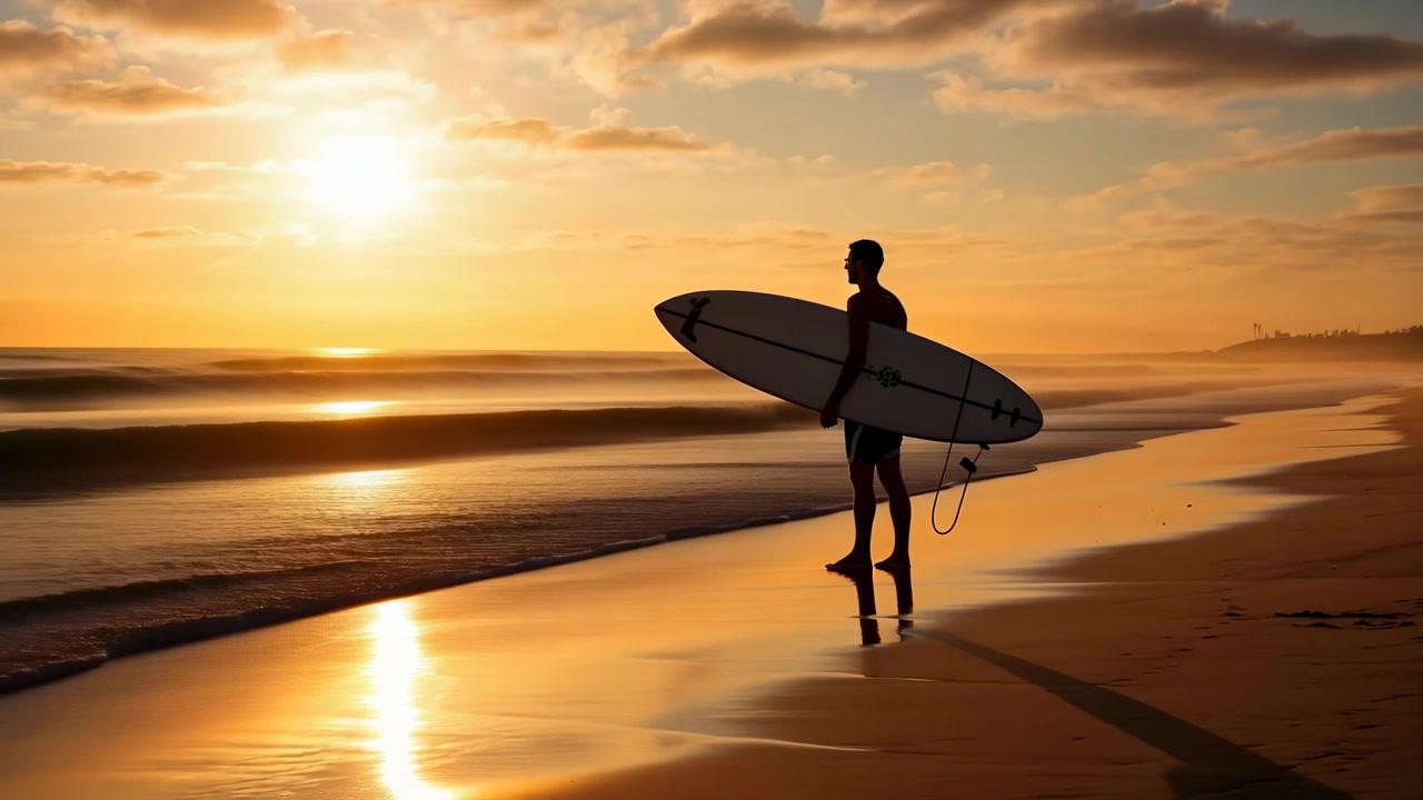 Surfista in piedi sulla spiaggia al tramonto