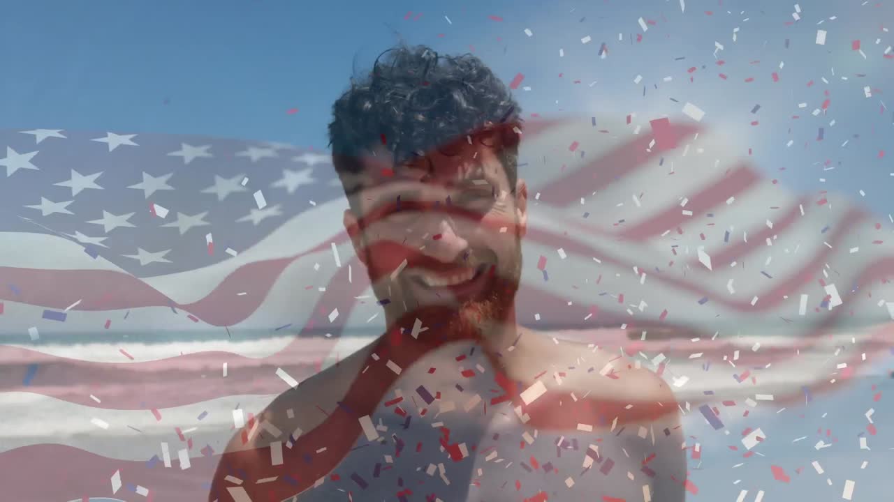 Animation of wavy usa flag over happy caucasian men