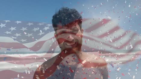 animation of wavy usa flag over happy caucasian men